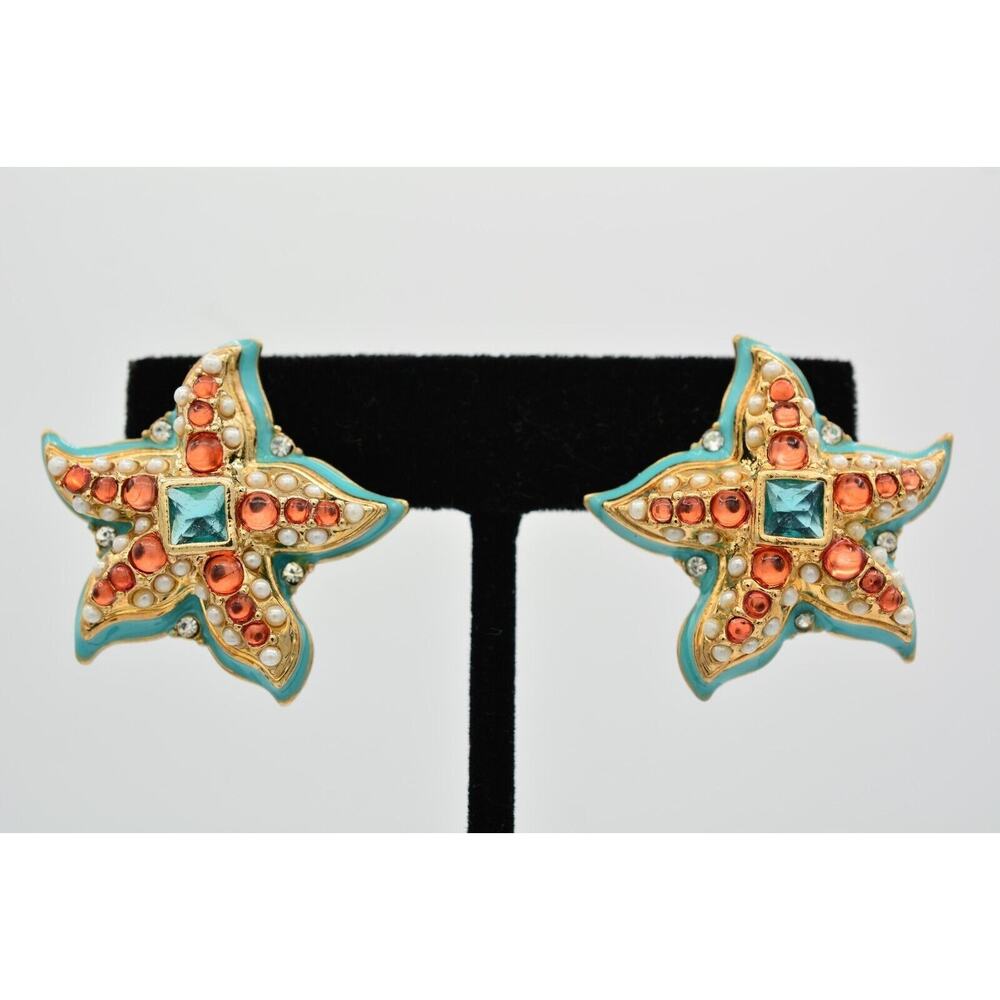 KJL Vintage Starfish Earrings Cabochon Crystal Blue Coral Gold Post Signed BinAZ